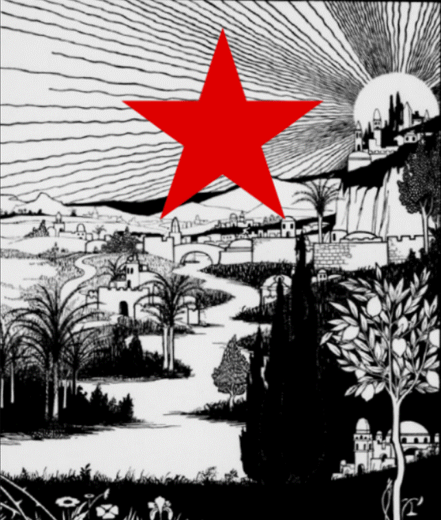 A red star over a landscapeDescription automatically generated